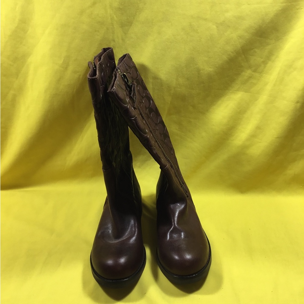 Coach Brown Leather Valentine Mid-Calf Logo-Embossed Boot with Gold-Zip SZ 8 - Picture 3 of 12